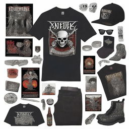 An entertaining image encapsulating the 'metal bro starter pack', complete with band logo t-shirts, black skinny jeans, a studded leather bracelet, electric guitar and a collection of legendary heavy metal album covers