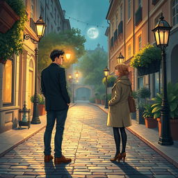 An elegant A4 book cover illustration for an adult romance novel, depicting two realistic figures waiting for each other in a beautifully detailed, atmospheric setting