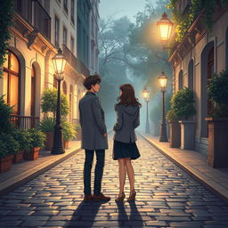 An elegant A4 book cover illustration for an adult romance novel, depicting two realistic figures waiting for each other in a beautifully detailed, atmospheric setting