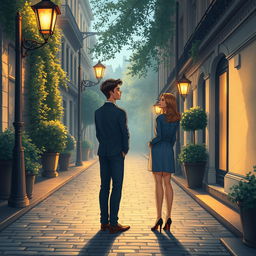 An elegant A4 book cover illustration for an adult romance novel, depicting two realistic figures waiting for each other in a beautifully detailed, atmospheric setting