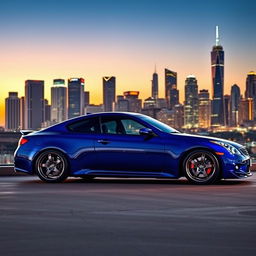 A stunning blue lowered Infiniti EX35 parked against a vibrant city skyline at dusk