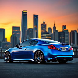 A stunning blue lowered Infiniti EX35 parked against a vibrant city skyline at dusk