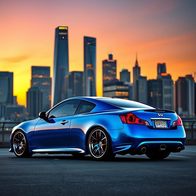 A stunning blue lowered Infiniti EX35 parked against a vibrant city skyline at dusk