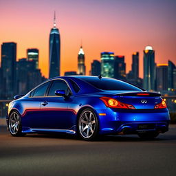 A stunning blue lowered Infiniti EX35 parked against a vibrant city skyline at dusk