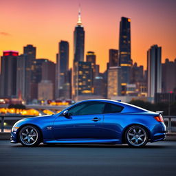 A stunning blue lowered Infiniti EX35 parked against a vibrant city skyline at dusk