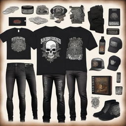 An entertaining image encapsulating the 'metal bro starter pack', complete with band logo t-shirts, black skinny jeans, a studded leather bracelet, electric guitar and a collection of legendary heavy metal album covers