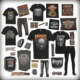 An entertaining image encapsulating the 'metal bro starter pack', complete with band logo t-shirts, black skinny jeans, a studded leather bracelet, electric guitar and a collection of legendary heavy metal album covers