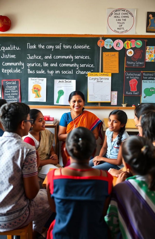 A vibrant classroom scene depicting Christian education promoting social change in India