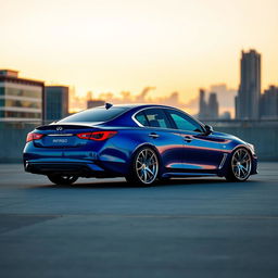 A stunning blue lowered Infinity J50 luxury sedan parked in an urban setting at sunset