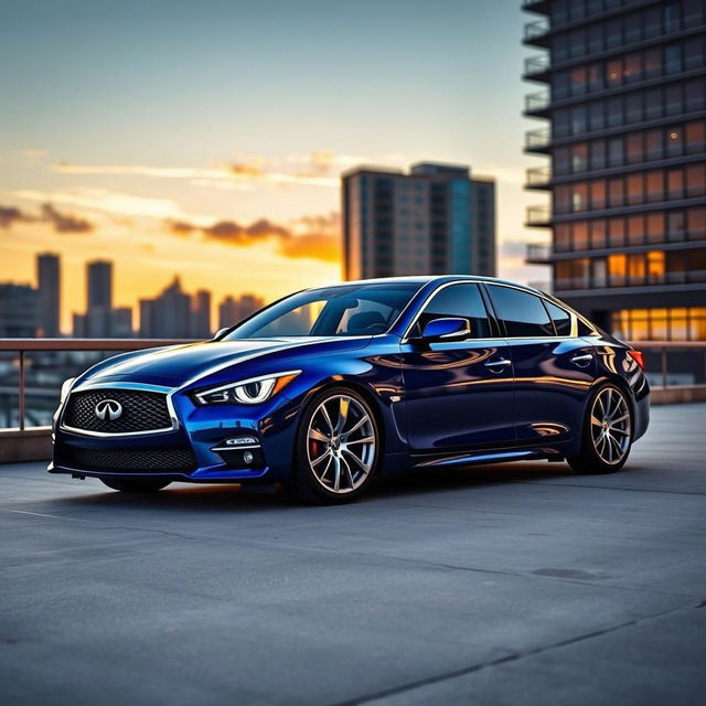 A stunning blue lowered Infinity J50 luxury sedan parked in an urban setting at sunset