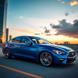 A stunning blue lowered Infinity J50 luxury sedan parked in an urban setting at sunset