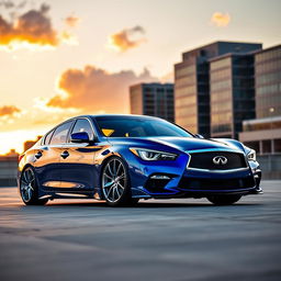 A stunning blue lowered Infinity J50 luxury sedan parked in an urban setting at sunset