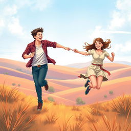 An eye-catching A4 book cover illustration for an adult romance novel, showcasing two individuals playfully running towards each other, connected by a delicate red thread tied around their pinky fingers