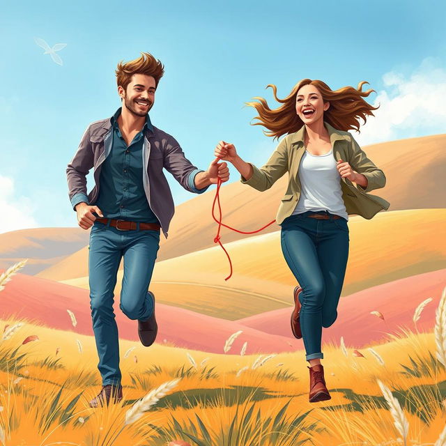 An eye-catching A4 book cover illustration for an adult romance novel, showcasing two individuals playfully running towards each other, connected by a delicate red thread tied around their pinky fingers