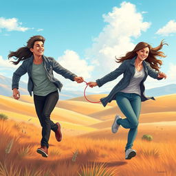 An eye-catching A4 book cover illustration for an adult romance novel, showcasing two individuals playfully running towards each other, connected by a delicate red thread tied around their pinky fingers