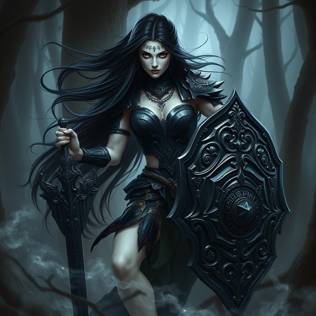 A striking Shadar Kai woman warrior poised in a powerful stance, her pale skin contrasting with her dark, intricate armor adorned with mystical symbols