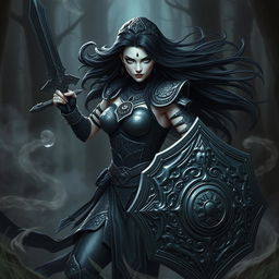 A striking Shadar Kai woman warrior poised in a powerful stance, her pale skin contrasting with her dark, intricate armor adorned with mystical symbols