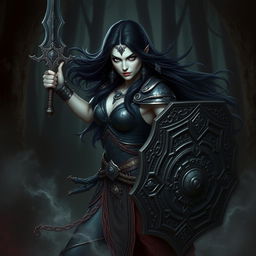 A striking Shadar Kai woman warrior poised in a powerful stance, her pale skin contrasting with her dark, intricate armor adorned with mystical symbols