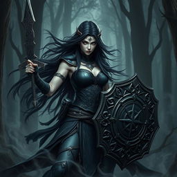 A striking Shadar Kai woman warrior poised in a powerful stance, her pale skin contrasting with her dark, intricate armor adorned with mystical symbols