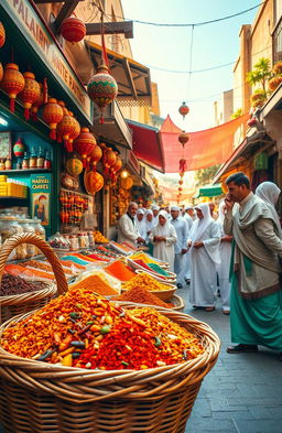 A vibrant and lively street scene in an exotic marketplace, filled with colorful stalls showcasing various spices, fruits, and handmade crafts