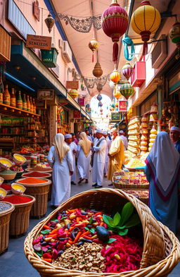 A vibrant and lively street scene in an exotic marketplace, filled with colorful stalls showcasing various spices, fruits, and handmade crafts