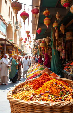 A vibrant and lively street scene in an exotic marketplace, filled with colorful stalls showcasing various spices, fruits, and handmade crafts