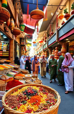 A vibrant and lively street scene in an exotic marketplace, filled with colorful stalls showcasing various spices, fruits, and handmade crafts