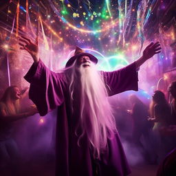 Gandalf the wizard joyfully dancing and partying at a lively, colorful rave with enchanting light effects and jubilant atmosphere.