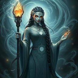 An enchanting Shadar Kai wizard, radiating mystique and beauty, stands gracefully amidst a swirling vortex of arcane energy