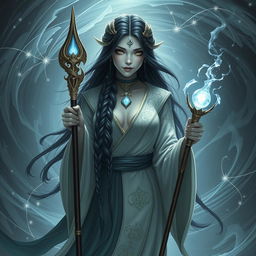 An enchanting Shadar Kai wizard, radiating mystique and beauty, stands gracefully amidst a swirling vortex of arcane energy