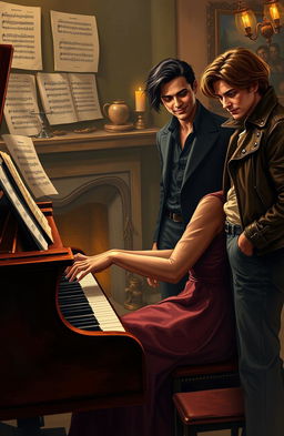 A gifted young female pianist, passionately playing a grand piano in a softly lit room filled with rich textures and warm colors