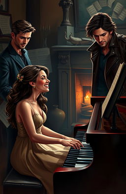 A gifted young female pianist, passionately playing a grand piano in a softly lit room filled with rich textures and warm colors