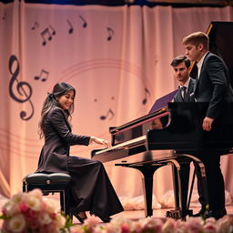 A talented young female pianist, deeply focused as she plays a stunning grand piano on a beautifully decorated stage