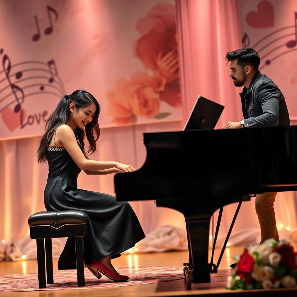 A talented young female pianist, deeply focused as she plays a stunning grand piano on a beautifully decorated stage