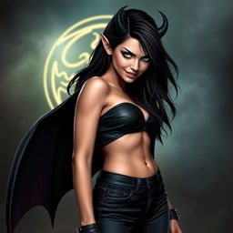 A powerful and alluring demon character, the daughter of Dean Winchester from the series Supernatural, with long dark hair, piercing green eyes, and a mischievous smile