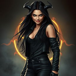 A powerful and alluring demon character, the daughter of Dean Winchester from the series Supernatural, with long dark hair, piercing green eyes, and a mischievous smile