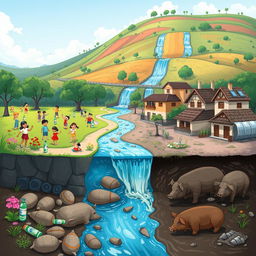 A detailed digital illustration depicting two contrasting areas of a community by a clean stream