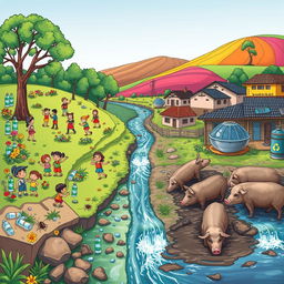 A detailed digital illustration depicting two contrasting areas of a community by a clean stream