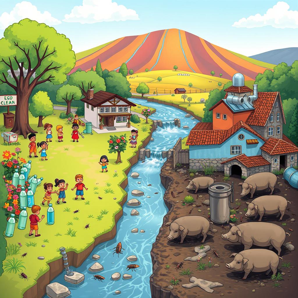 A detailed digital illustration depicting two contrasting areas of a community by a clean stream