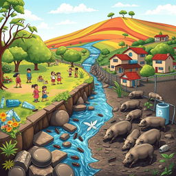 A detailed digital illustration depicting two contrasting areas of a community by a clean stream