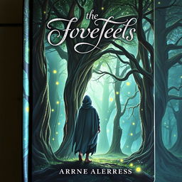 A captivating book cover design featuring a mystical forest with ethereal lighting, where tall, ancient trees weave their branches to create a natural archway