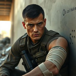 A heroic special forces soldier with short-cropped dark hair, wearing a tactical uniform and a vest, is depicted sitting against a wall in a war-torn setting