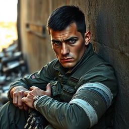 A heroic special forces soldier with short-cropped dark hair, wearing a tactical uniform and a vest, is depicted sitting against a wall in a war-torn setting