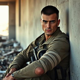 A heroic special forces soldier with short-cropped dark hair, wearing a tactical uniform and a vest, is depicted sitting against a wall in a war-torn setting