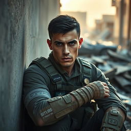 A heroic special forces soldier with short-cropped dark hair, wearing a tactical uniform and a vest, is depicted sitting against a wall in a war-torn setting