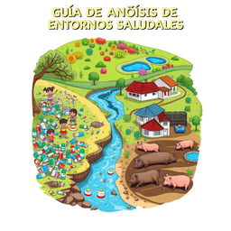 A detailed digital illustration depicting two contrasting aspects of a community by a clean stream