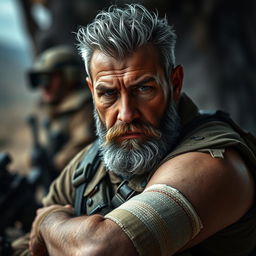 A rugged special forces man with a distinct grey beard and a masculine moustache, showcasing resilience despite being shot in the arm