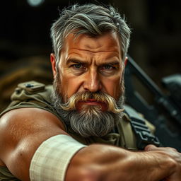 A rugged special forces man with a distinct grey beard and a masculine moustache, showcasing resilience despite being shot in the arm