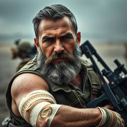 A rugged special forces man with a distinct grey beard and a masculine moustache, showcasing resilience despite being shot in the arm