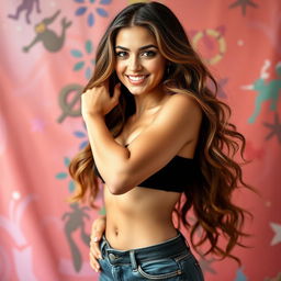 A stylish and alluring young woman, embodying confidence and charm, posing playfully for a group avatar
